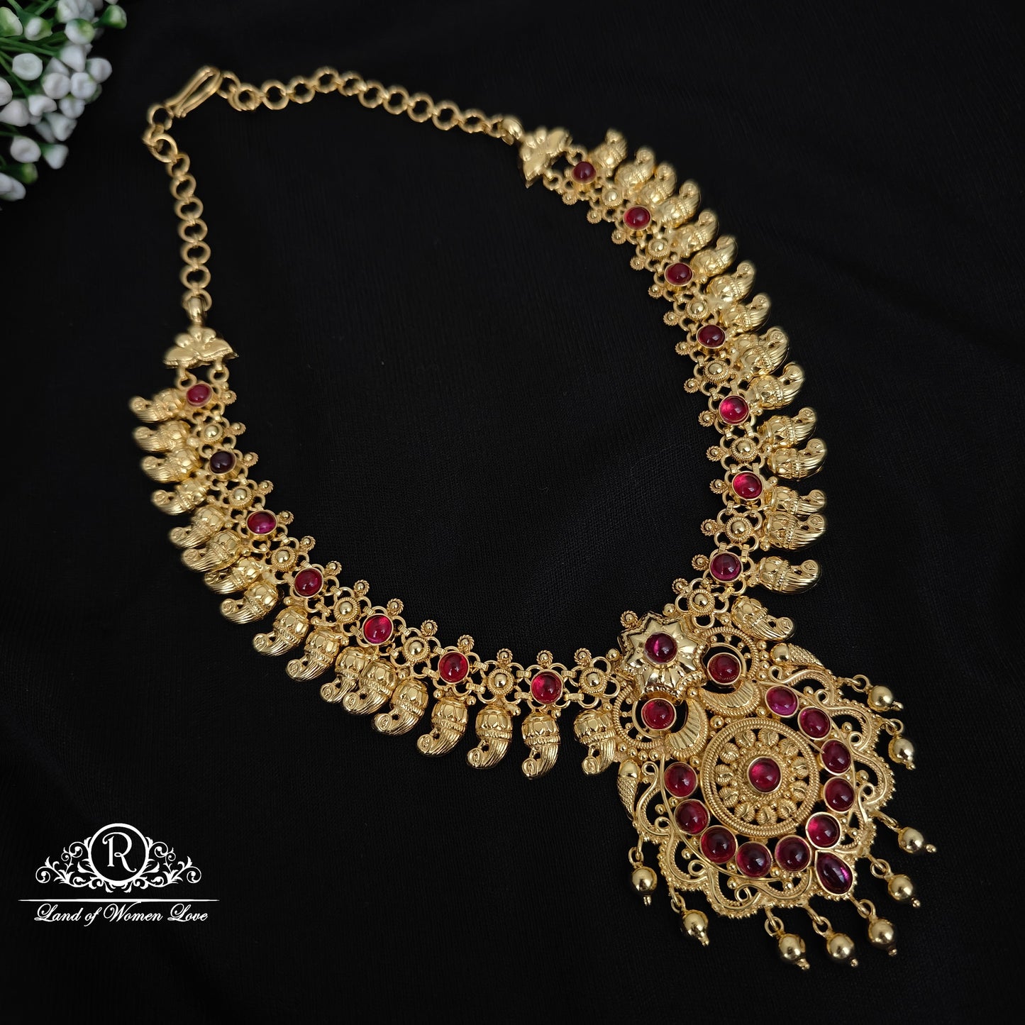 necklace 92.5 silver simple and cute necklace with ruby stones and hangings -rchk0162 ruby 92.5 silver ramala jewelry / ramala collections