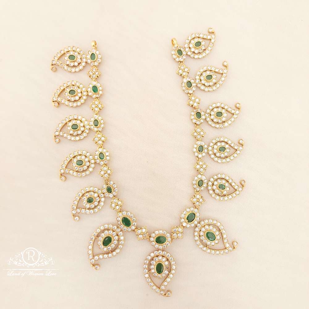 Silver With Green Stones Mango Design Necklace-C124