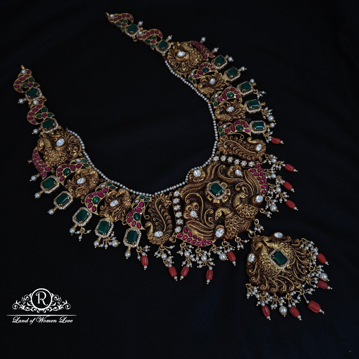 haram 92.5 silver peacock design nakshi haram with polki and kundans-rcm1120 polki 92.5 silver ramala jewelry / ramala collections