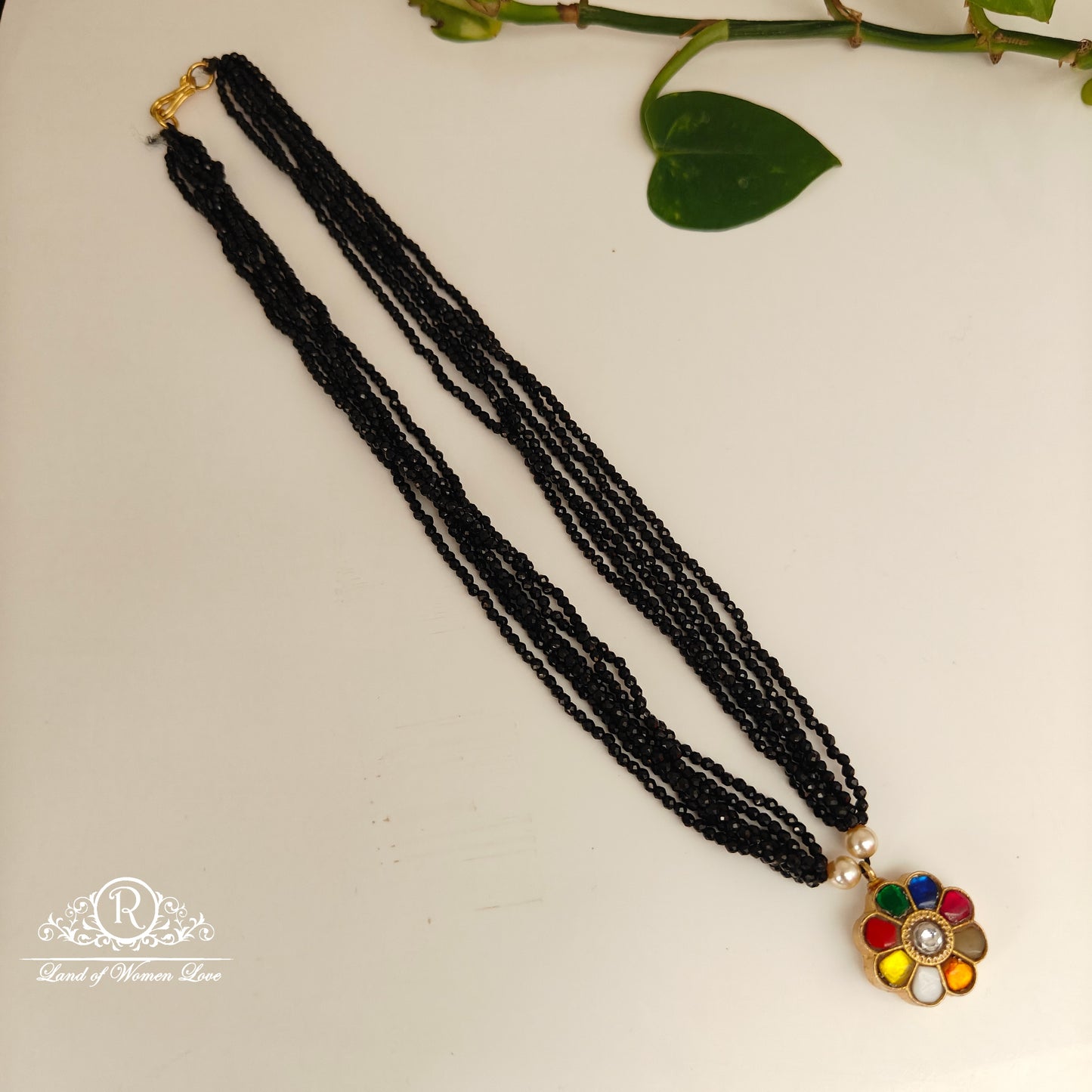 92.5 silver simple and cute black beads with multi colour kundan locket-rch964 kundan 92.5 silver ramala jewelry / ramala collections