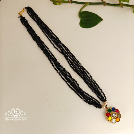 92.5 silver simple and cute black beads with multi colour kundan locket-rch964 kundan 92.5 silver ramala jewelry / ramala collections