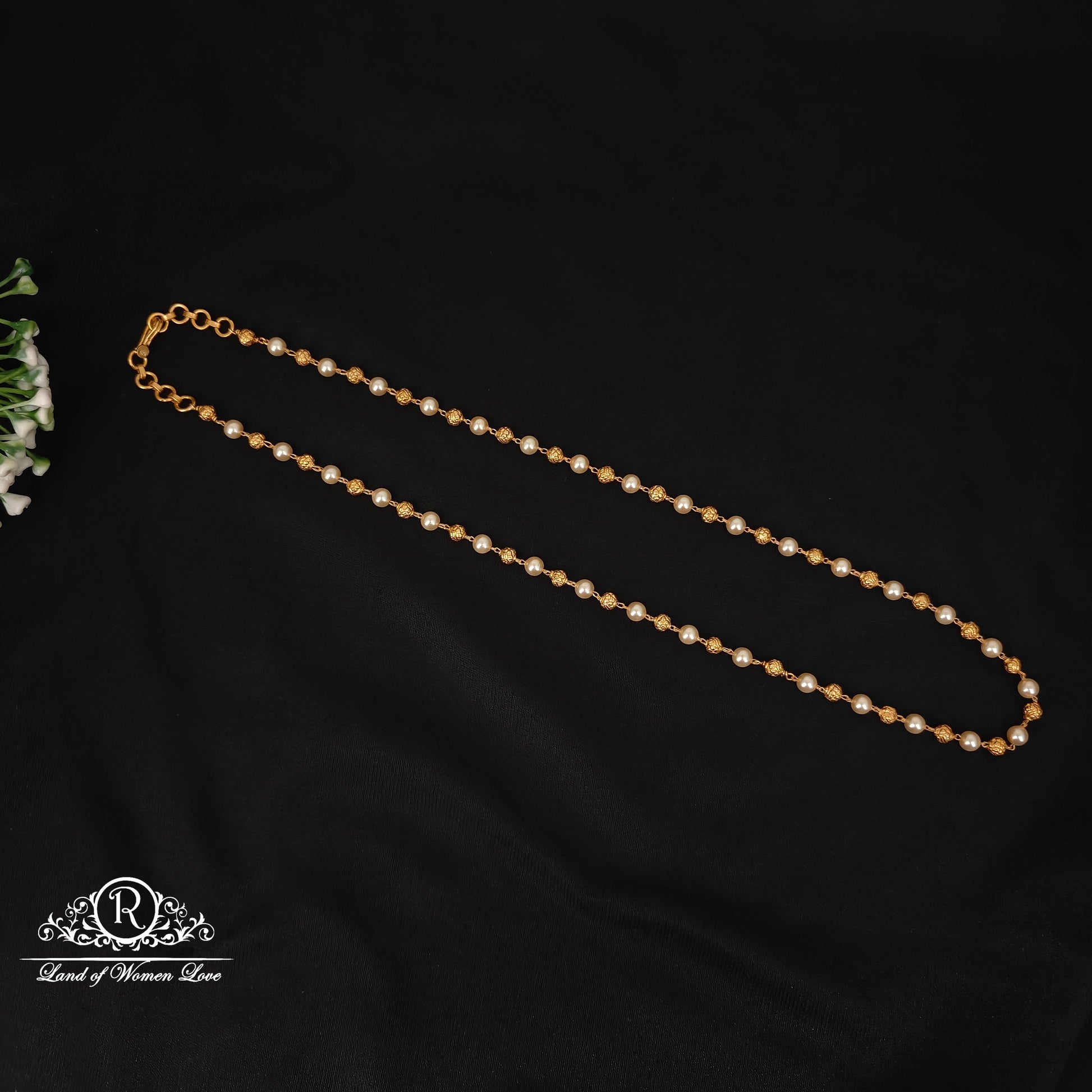 92.5 silver simple and cute beads mala with pearls and gold balls-rcjr953 92.5 silver ramala jewelry / ramala collections