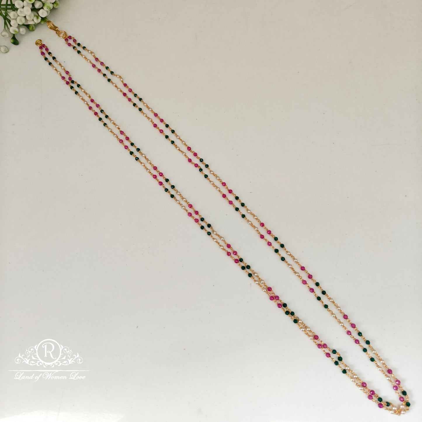 92.5 silver simple and Cute ruby ,Green and pearls beads mala -RCH906