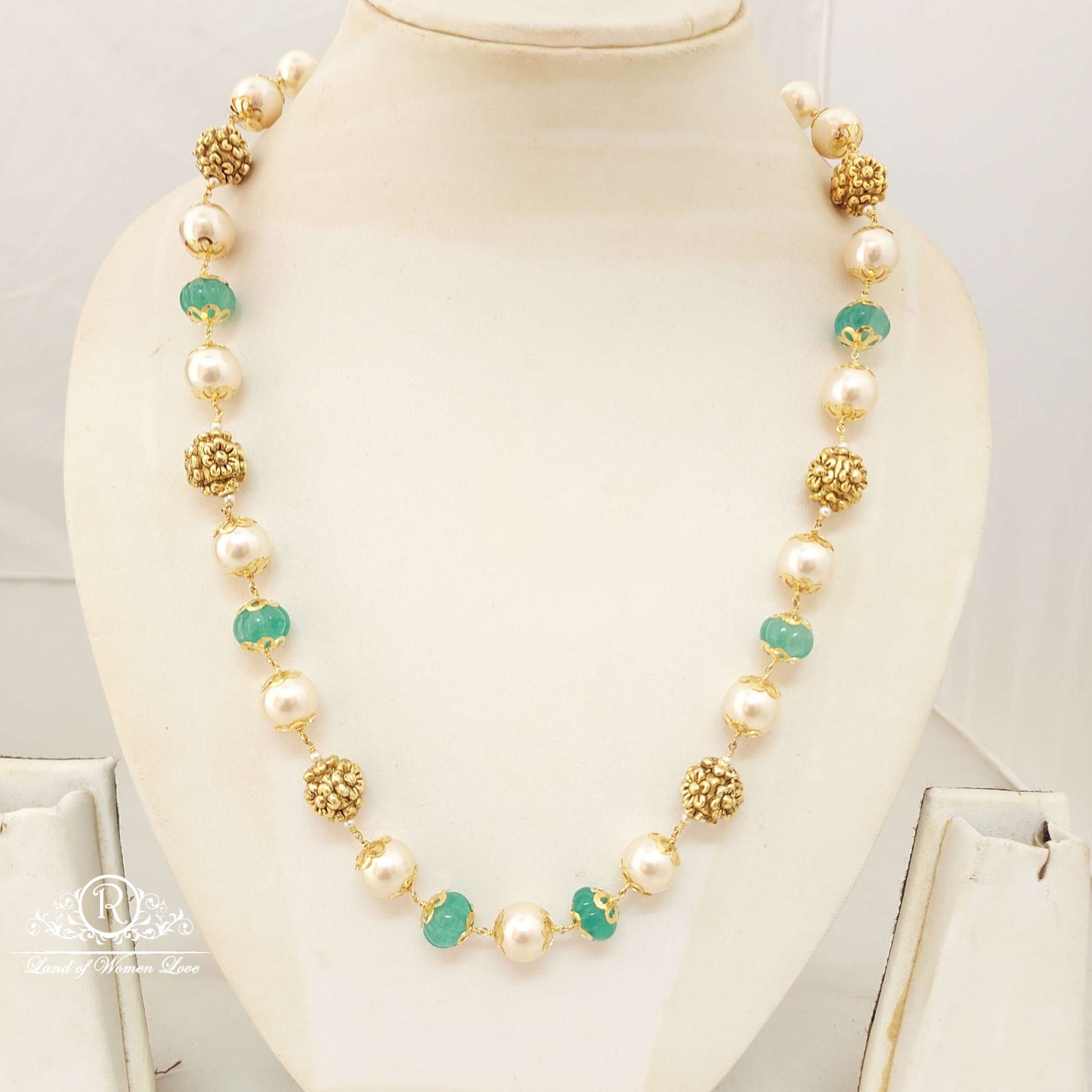 Silver Nakshi Gold Balls With Pearls Beads Mala-H097