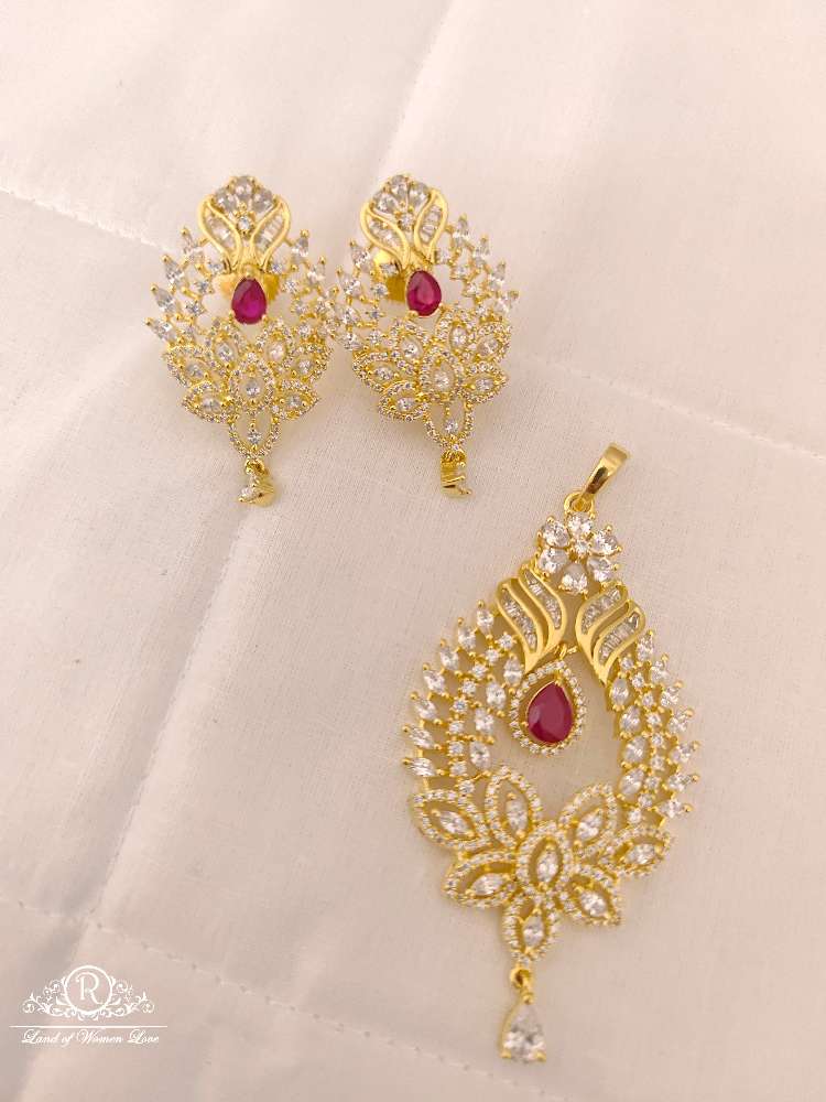 Silver CZ- White Stones Locket With Matching Earrings-D07576