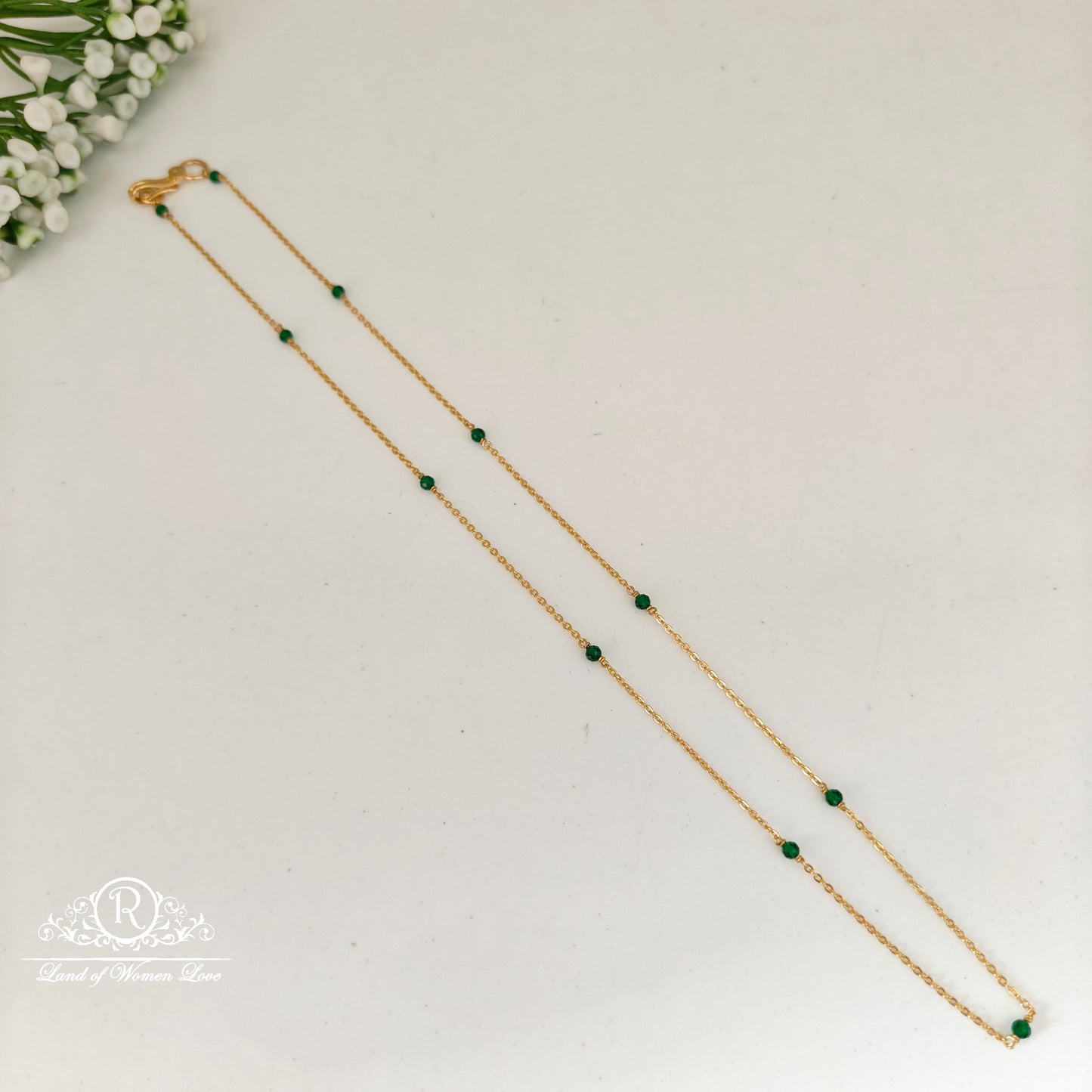 chain 92.5 silver simple and cute chain with green beads -rch898 92.5 silver ramala jewelry / ramala collections