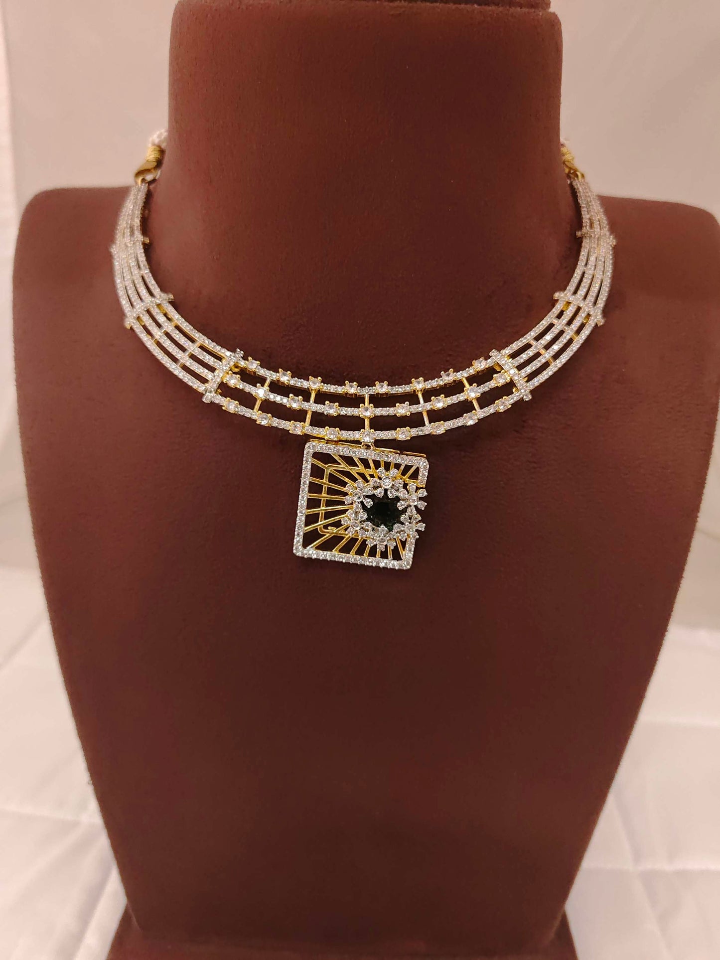 Silver CZ- Stones Necklace With Matching Earrings-RCJR240RCJR241