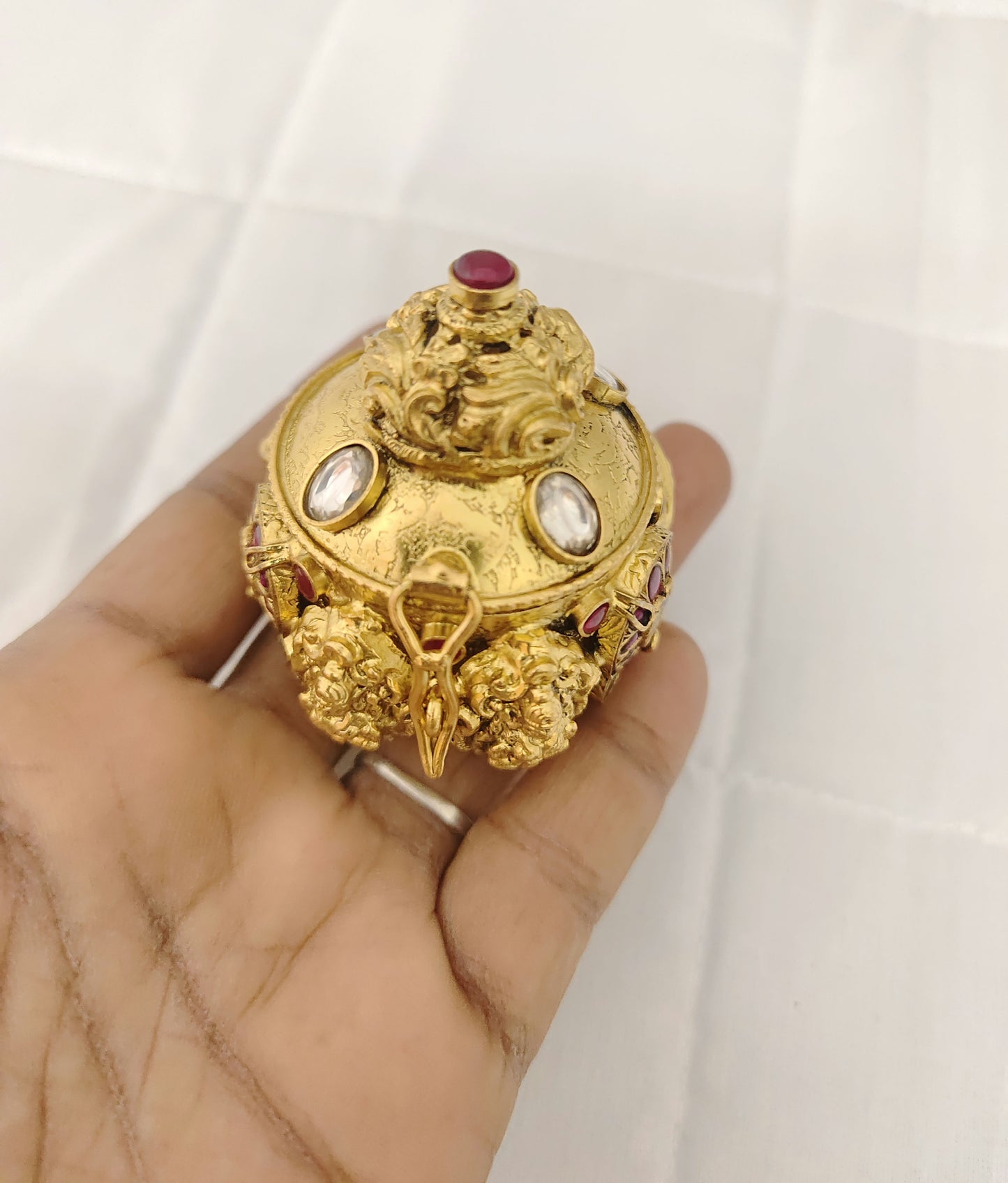 Silver Lakshmi Devi With Peacock Kundan Design Kumkum Barani-M431