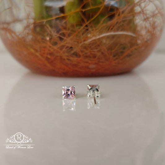 92.5 silver Pink coloured square cut Stud earrings-RCHS36-4