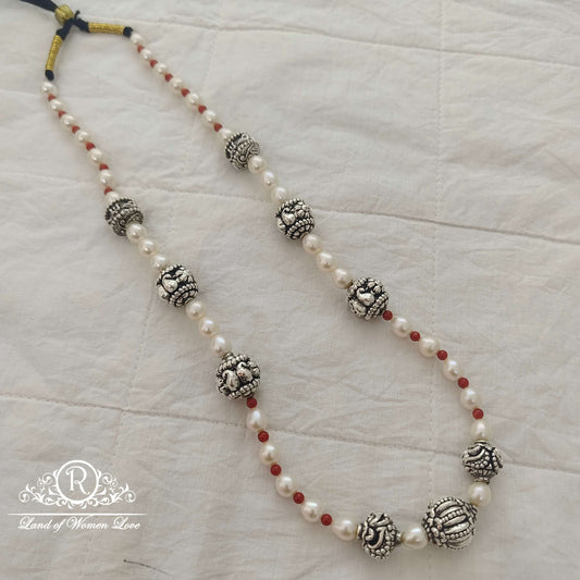 Silver pearl mala with Nakshi balls Chain - RCJR450
