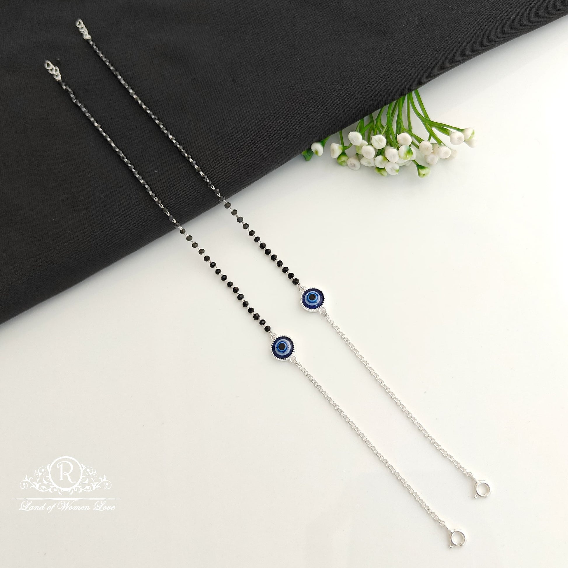 anklet silver evil eye black beads anklets -rcra101 92.5 silver ramala jewelry / ramala collections