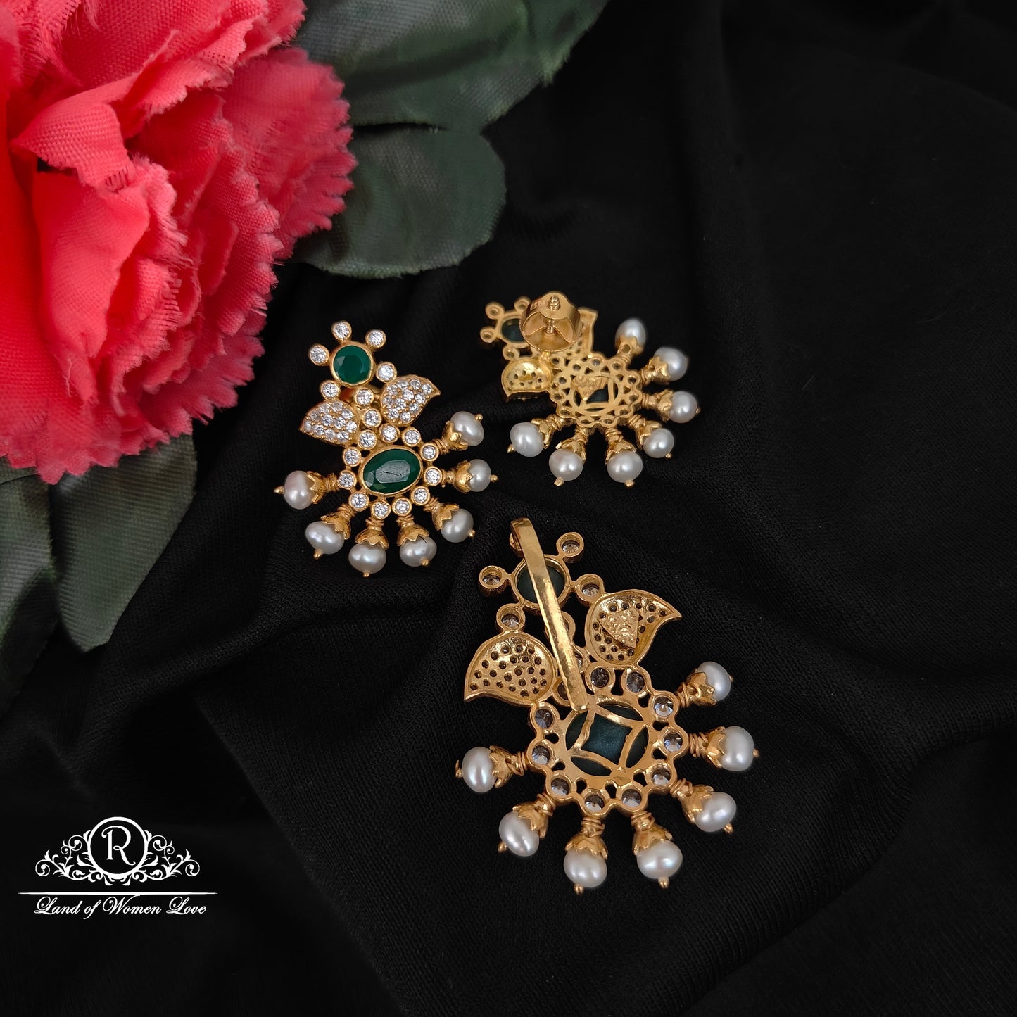 92.5 silver simple and Cute earrings with pendent set with pearls  -RCH955