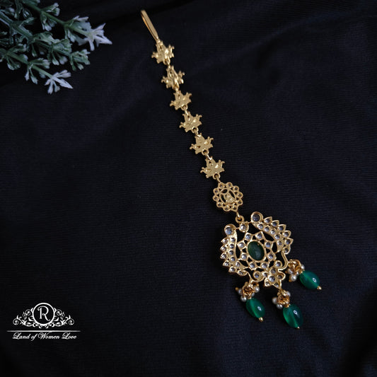 Silver white stone green beads hanging tikka-RCM1101