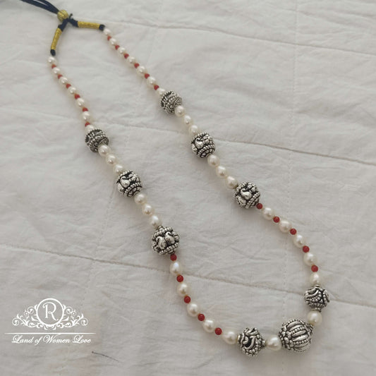 chain silver pearl mala with nakshi balls chain - rcjr450 pearl 92.5 silver ramala jewelry / ramala collections