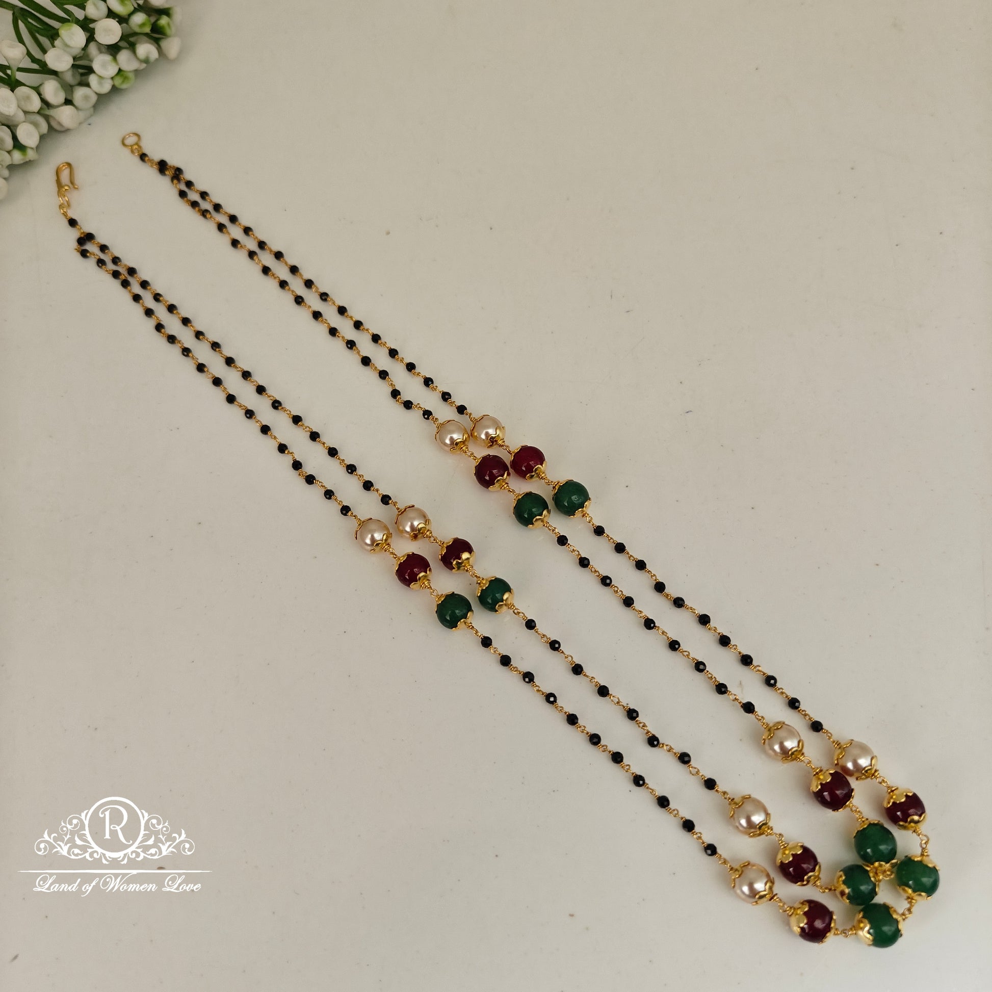 92.5 silver simple and cute black beads with green ,rubybeads and pearls -rch902 92.5 silver ramala jewelry / ramala collections