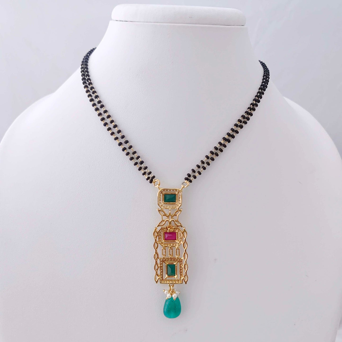 Silver CZ-gold polish black beads chain -RCD144