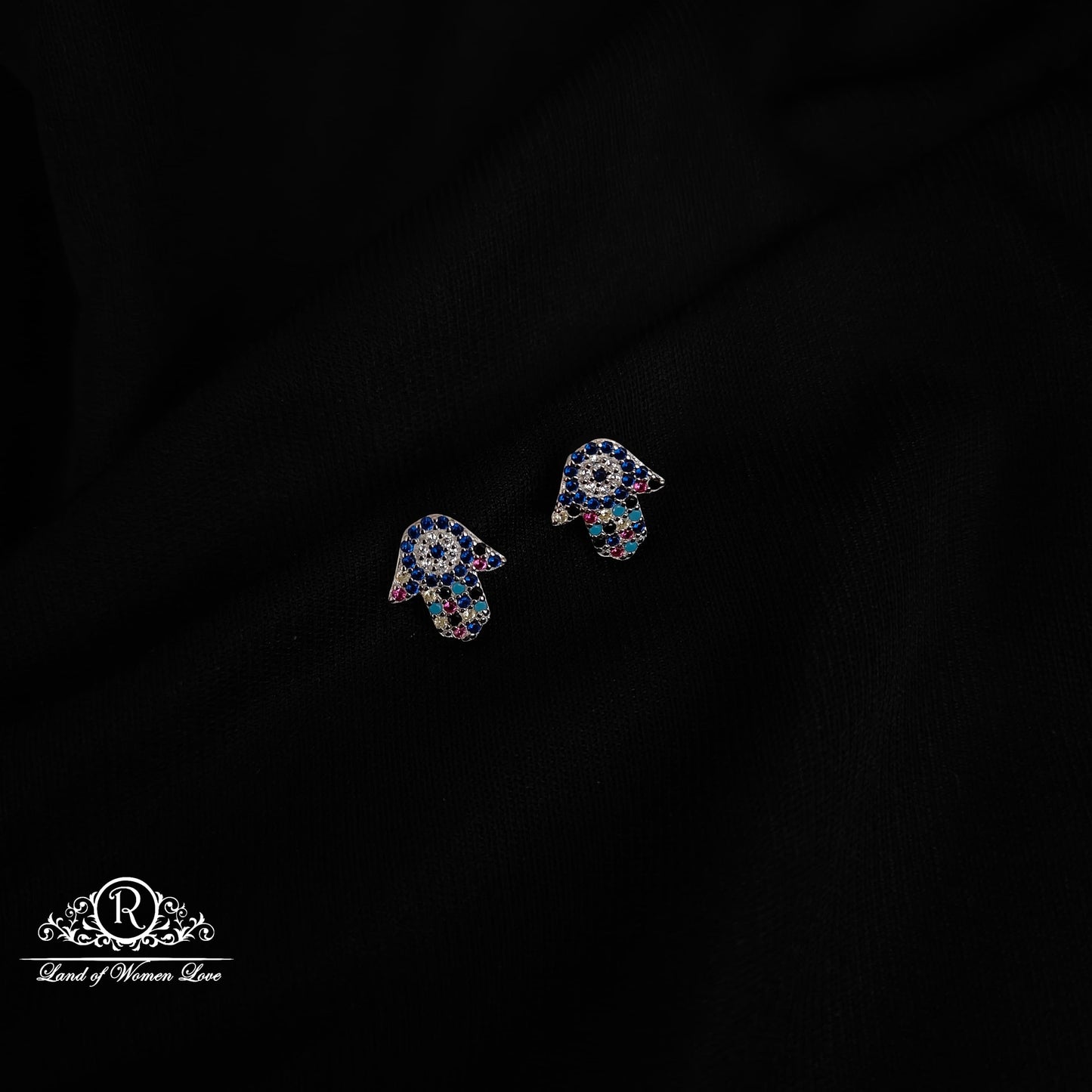 stud silver multicolour hamsa hand studs earrings -rchs38-14 92.5 silver ramala jewelry / ramala collections