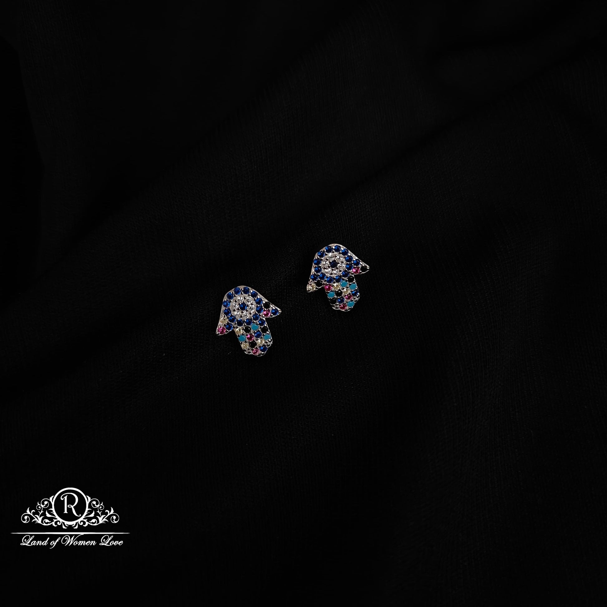 stud silver multicolour hamsa hand studs earrings -rchs38-14 92.5 silver ramala jewelry / ramala collections