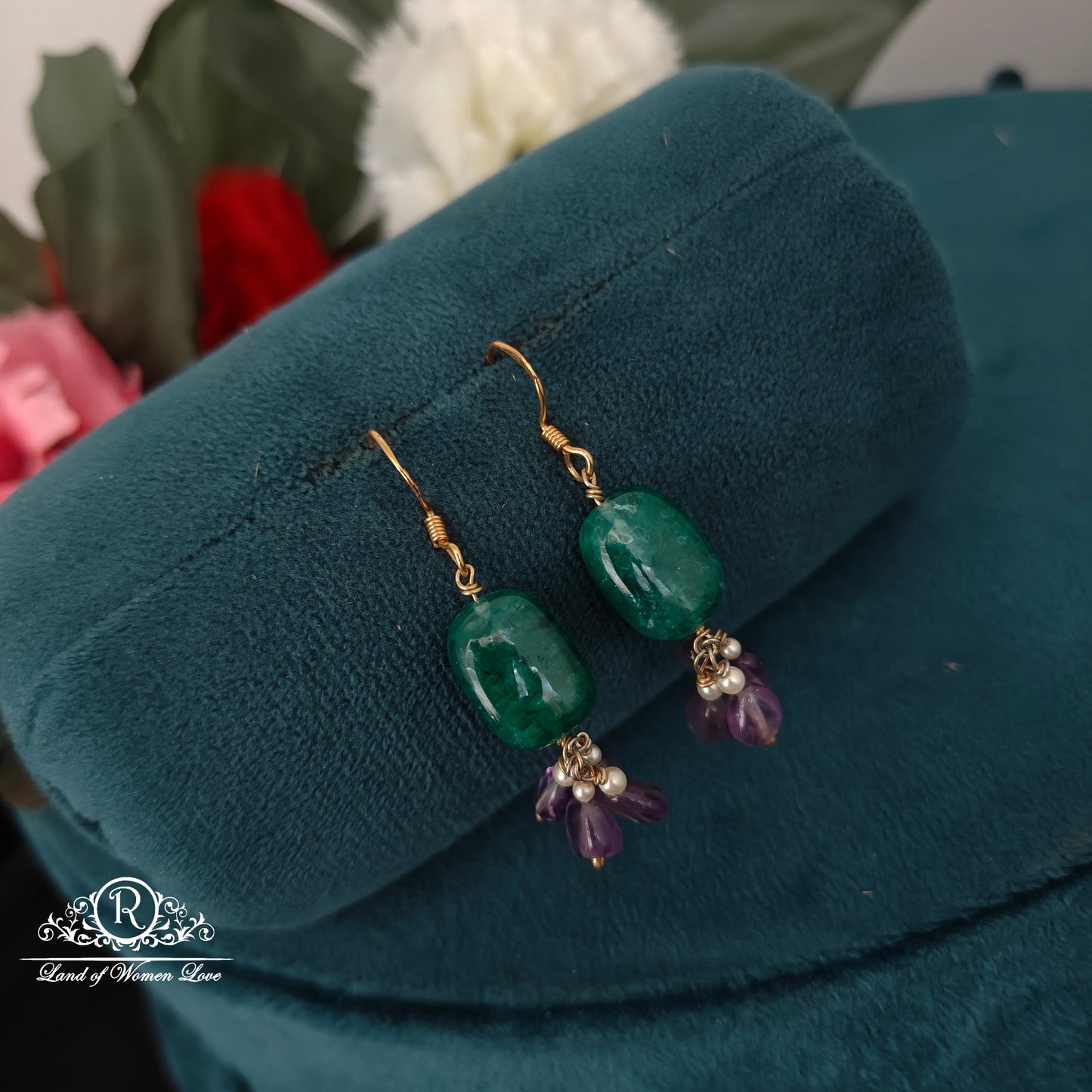 earrings 92.5 silver simple and cute hangings with pearl and green ,purple beads-rchk0172 pearl 92.5 silver ramala jewelry / ramala collections