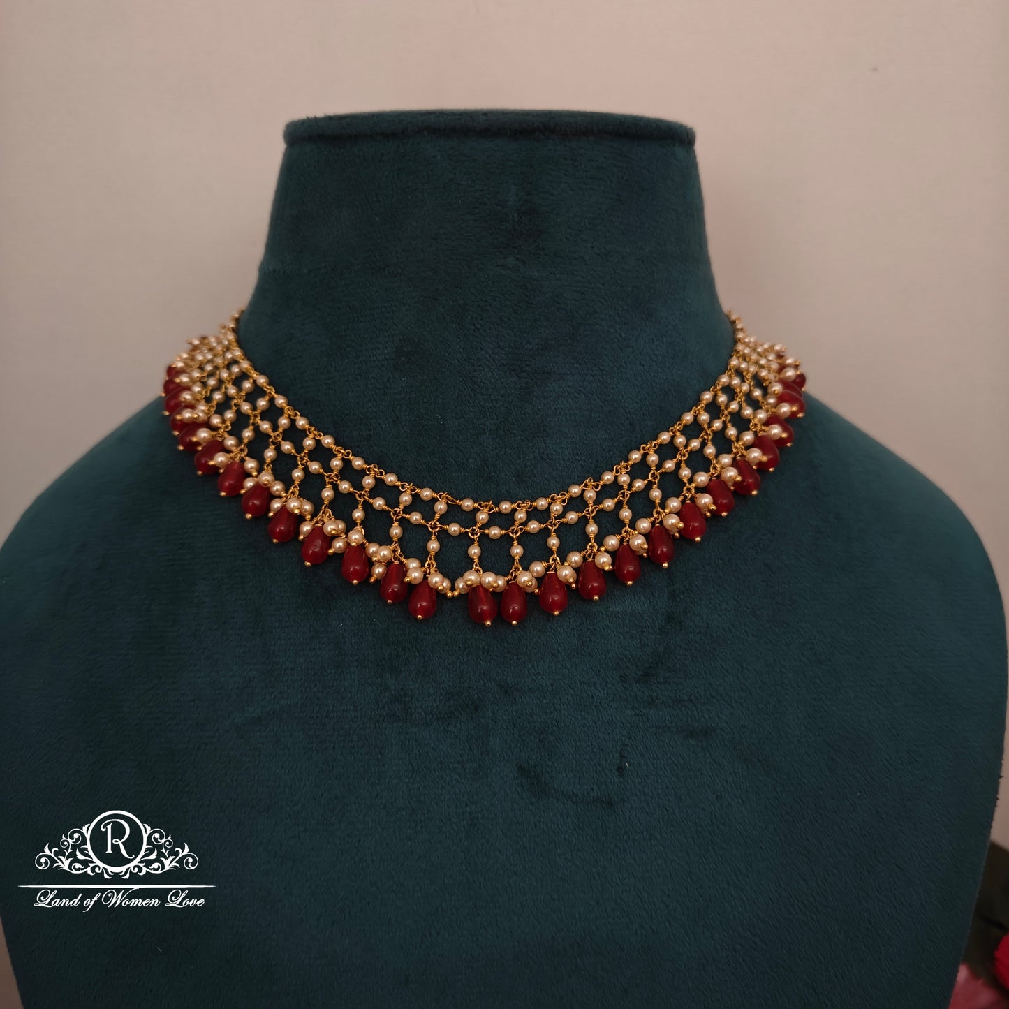 92.5 silver simple and Cute beads necklace  with rubys and pearls -RCH895