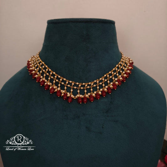 92.5 silver simple and Cute beads necklace  with rubys and pearls -RCH895