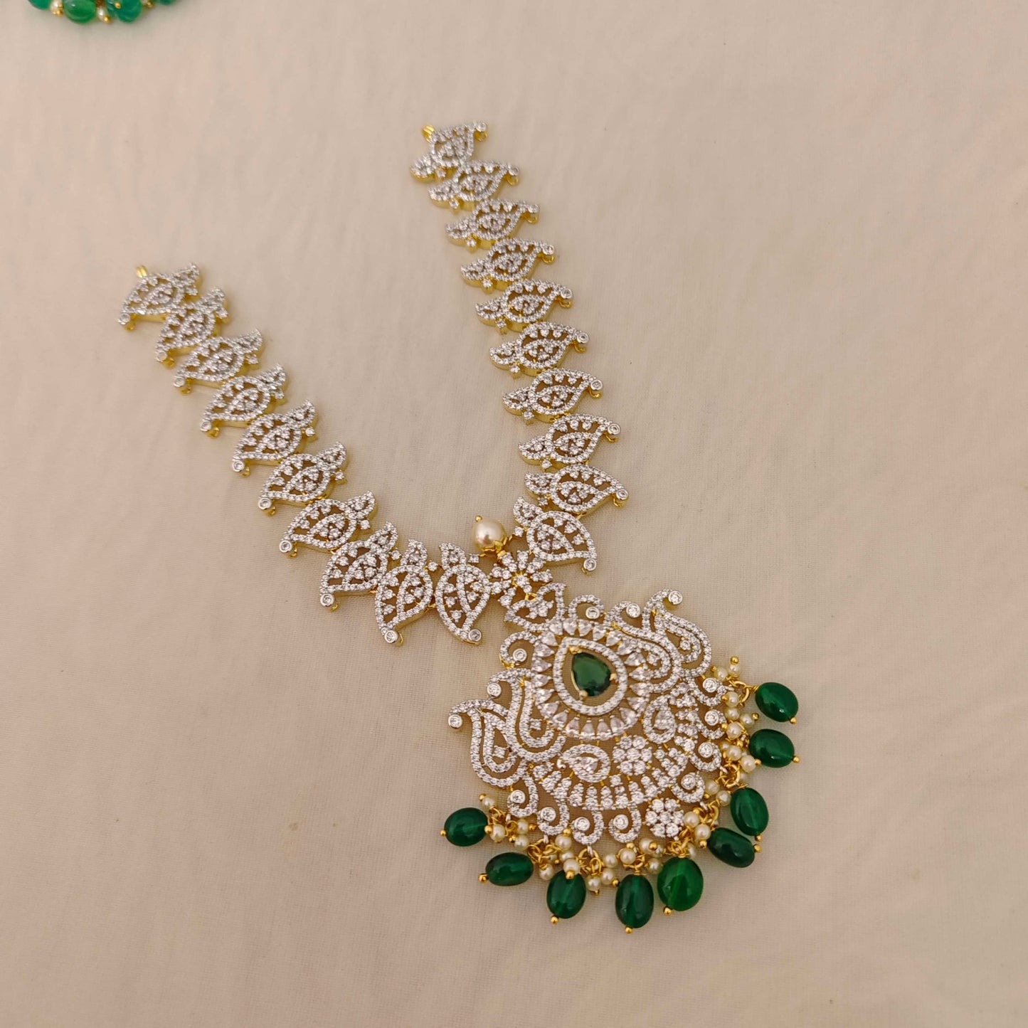 Silver CZ- stone green beads hanging necklace - RCD338