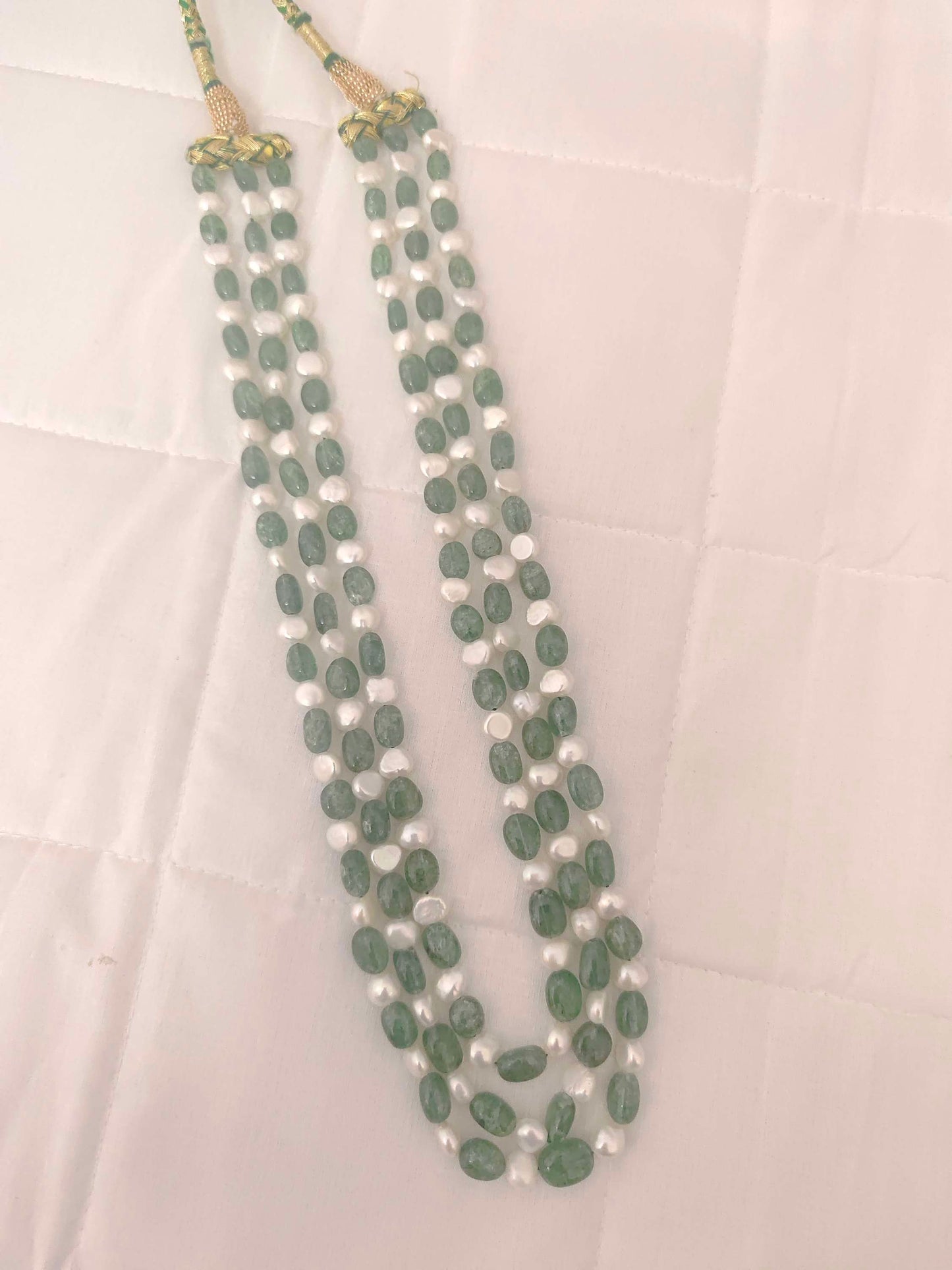 Ovel Shape Green Strawberry Quartz With Pearls 3 Line Beads Mala-RCMB17