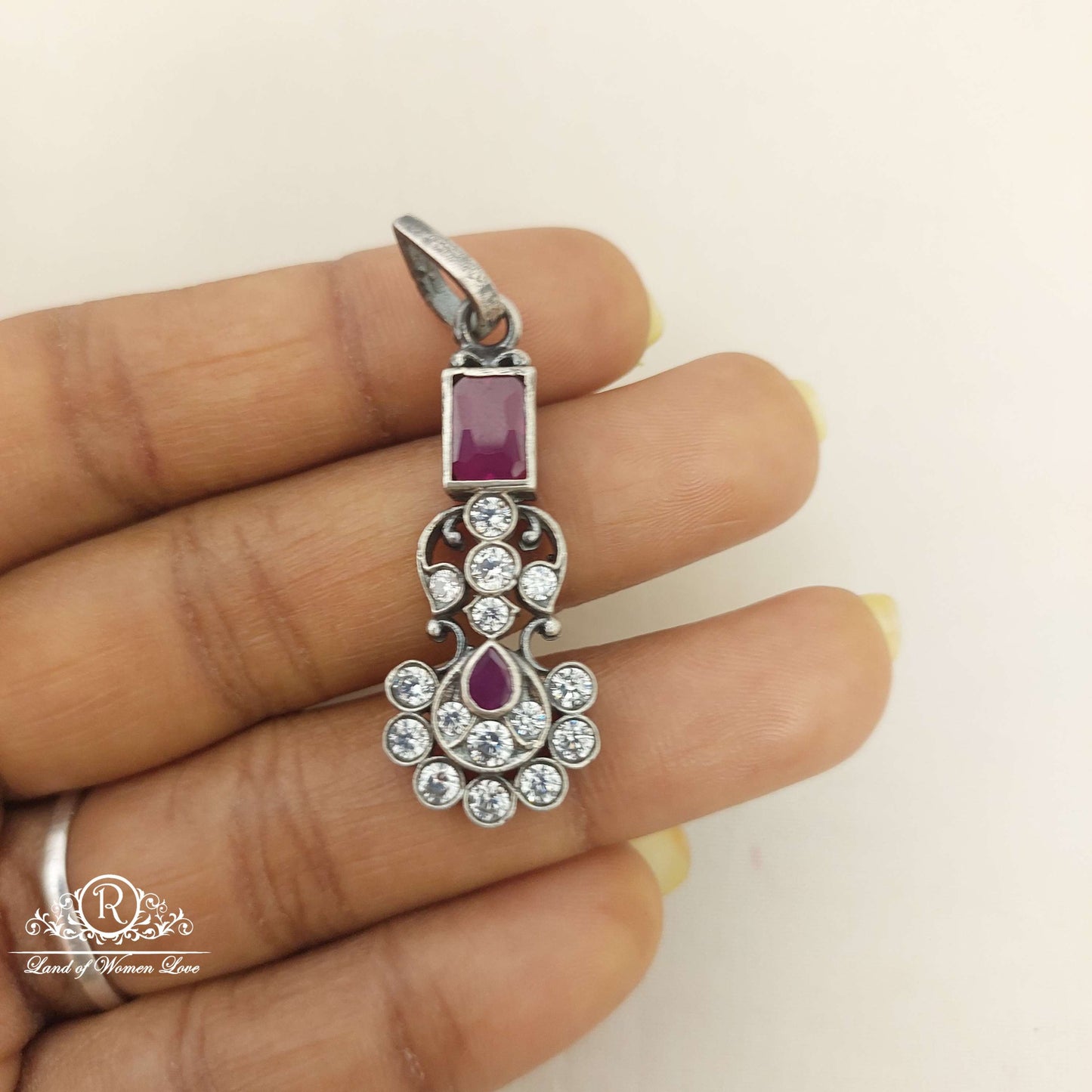 Silver White & Kempu Stones Locket-M305