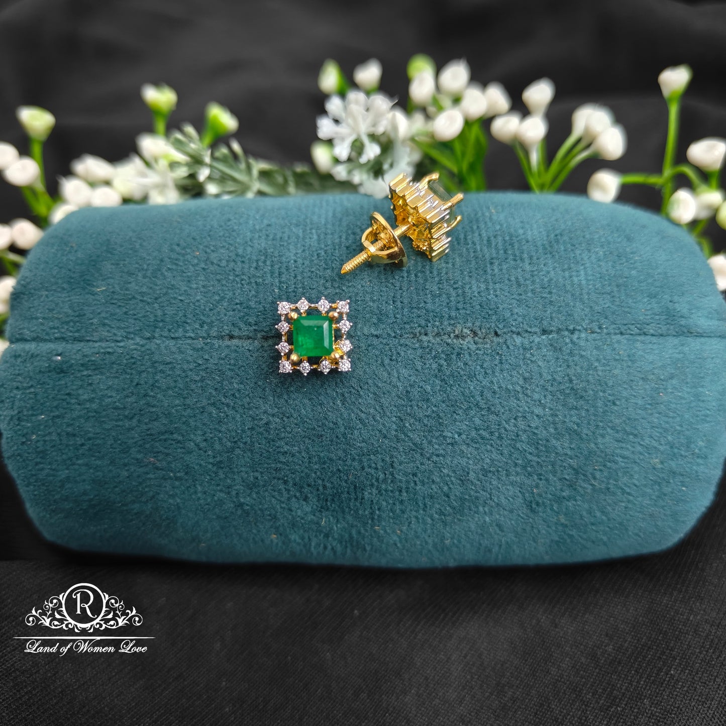 92.5 Silver Diamond finishing Green stone Studs-RCDS0147