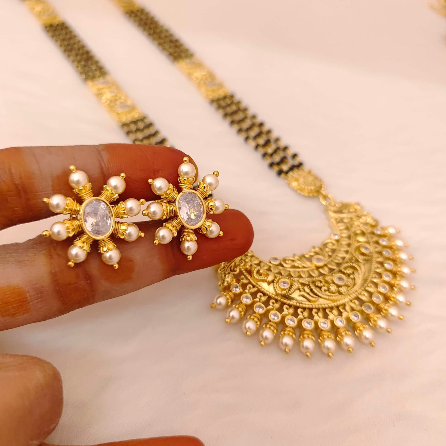 Silver black beads chain 3 lines - RCD437