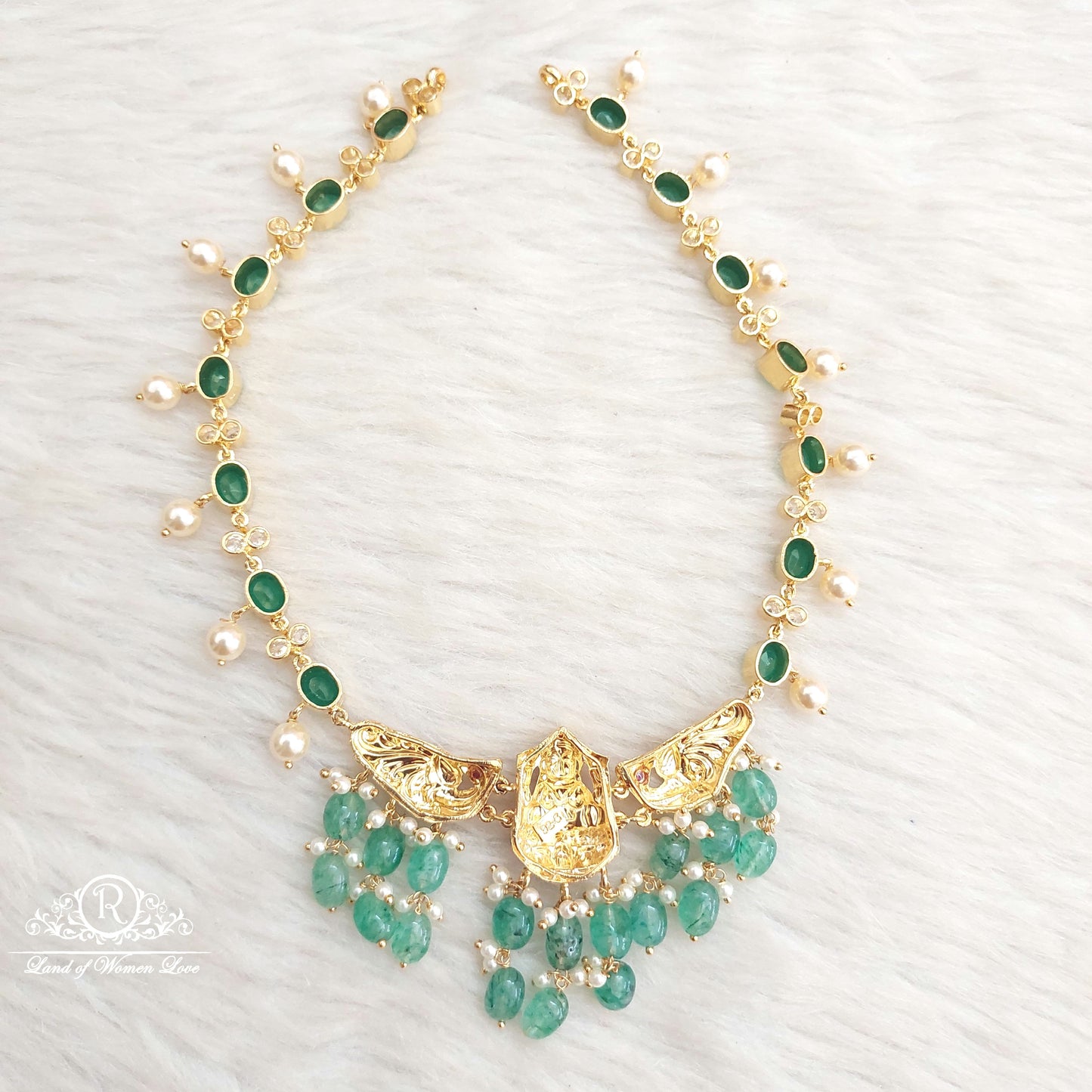 Silver Green Stones Lakshmi Devi Necklace-S780