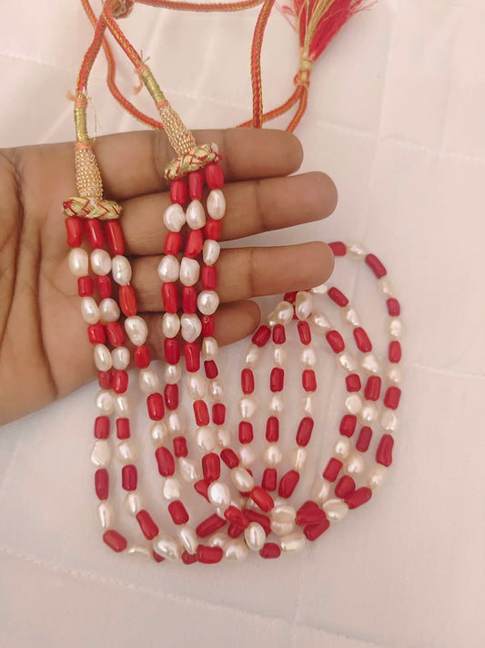 Natural Red Coral With Pearl 3 Line Beads Mala-RCMB15
