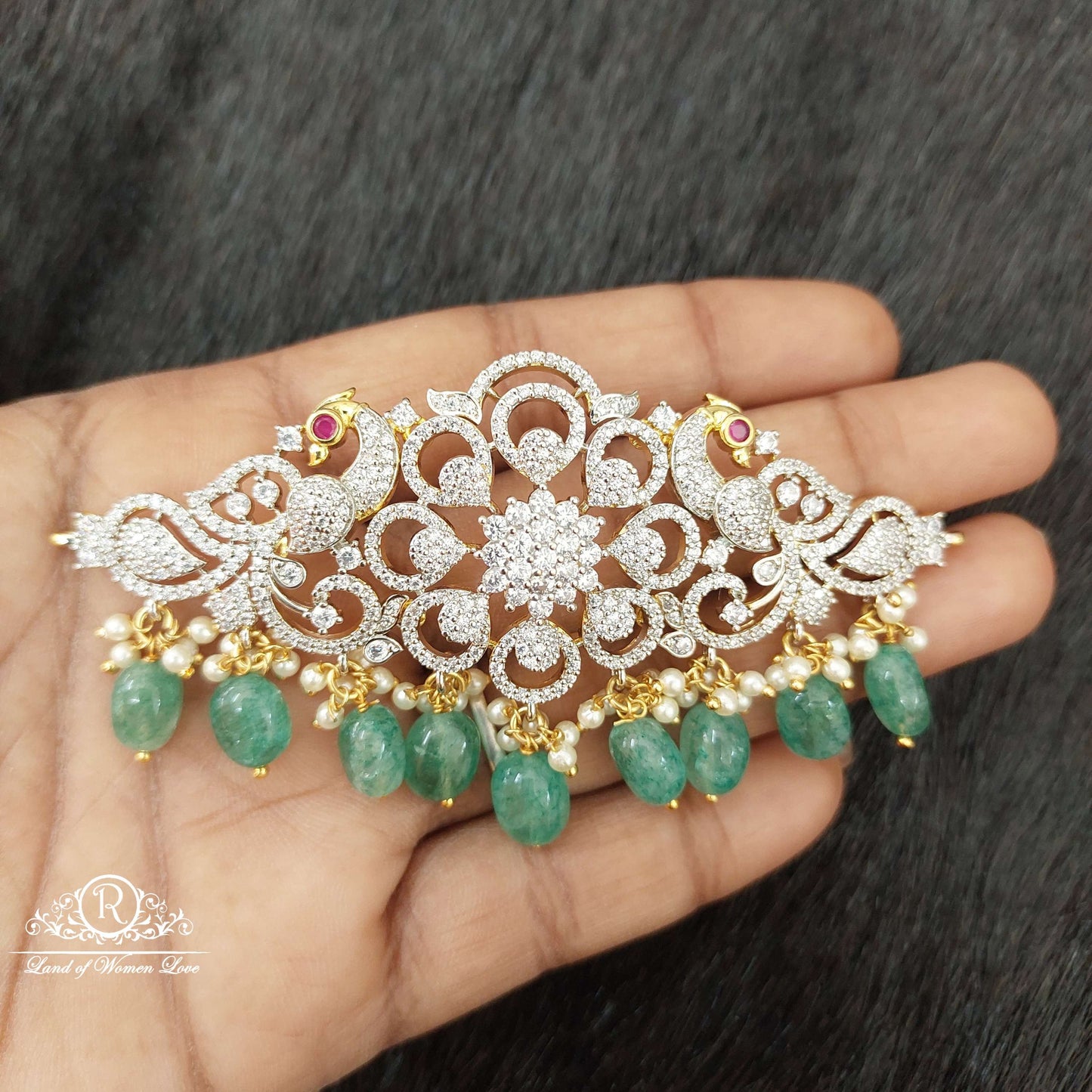 Silver CZ-White Stones Peacock Design Chocker-D066