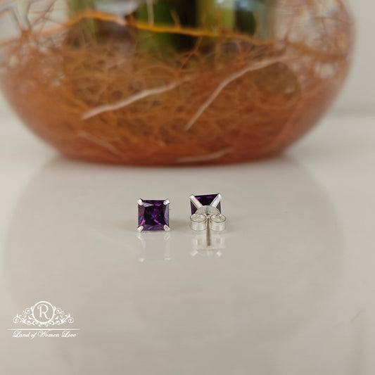 92.5 Silver purple coloured square cut Stud earrings-RCHS36-10