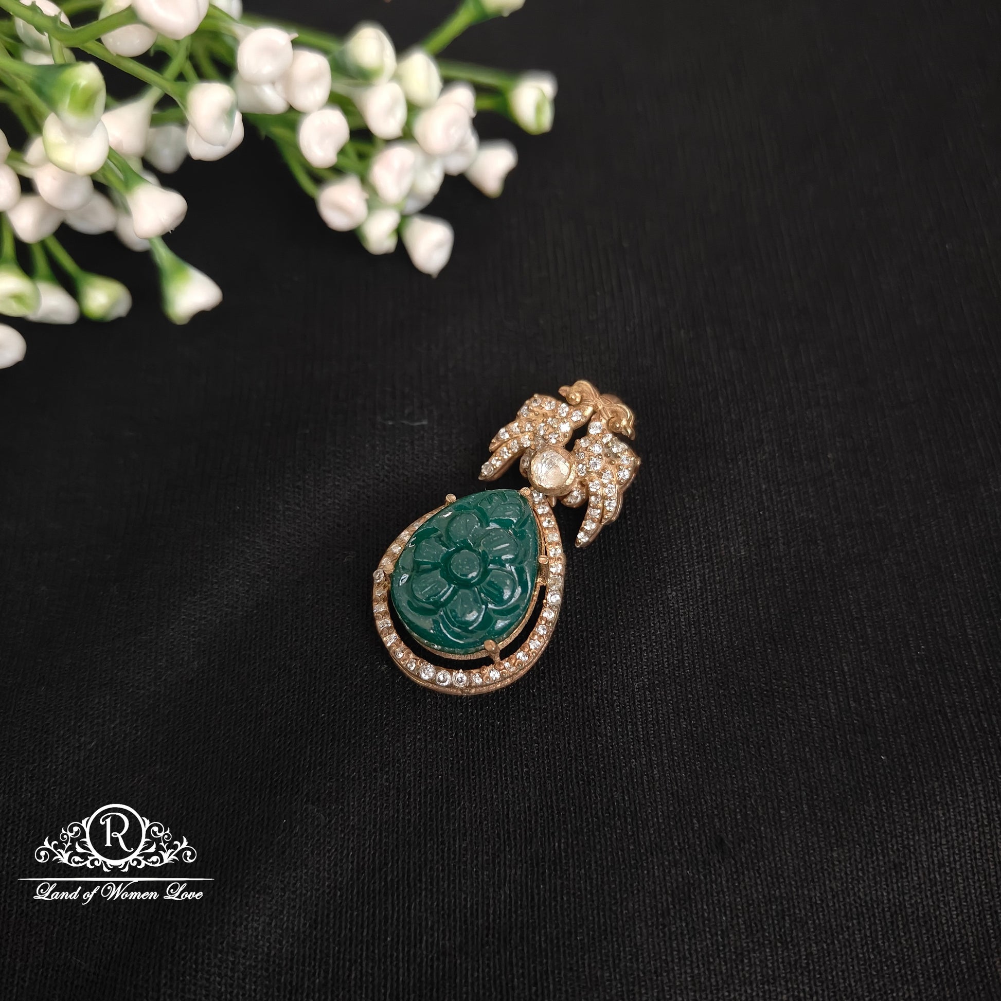 silver peacock design pendent green beads flower craving -rcnj003 cz 92.5 silver ramala jewelry / ramala collections