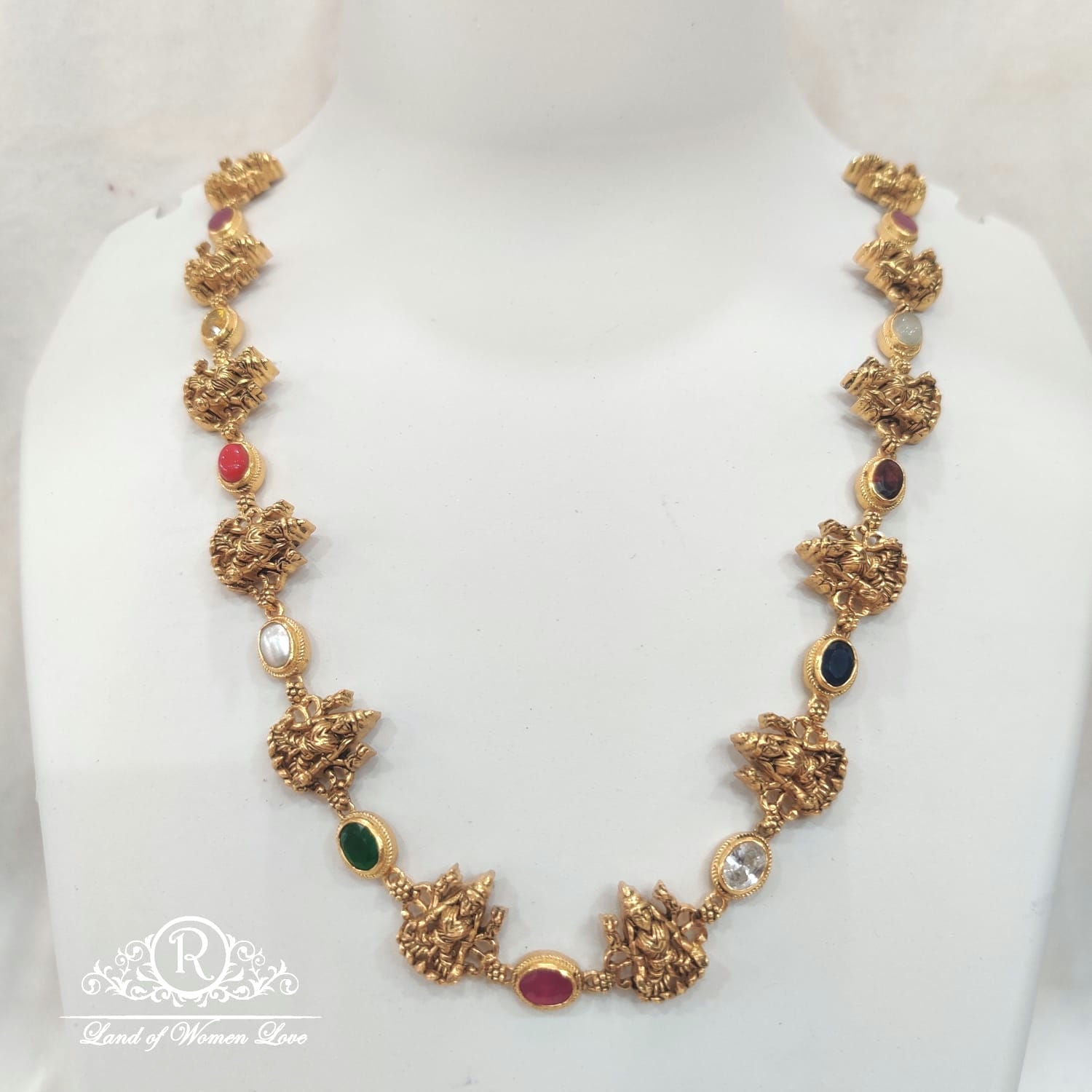 necklace silver navaratna stones design lakshmi devi necklace-m357 navaratna 92.5 silver ramala jewelry / ramala collections