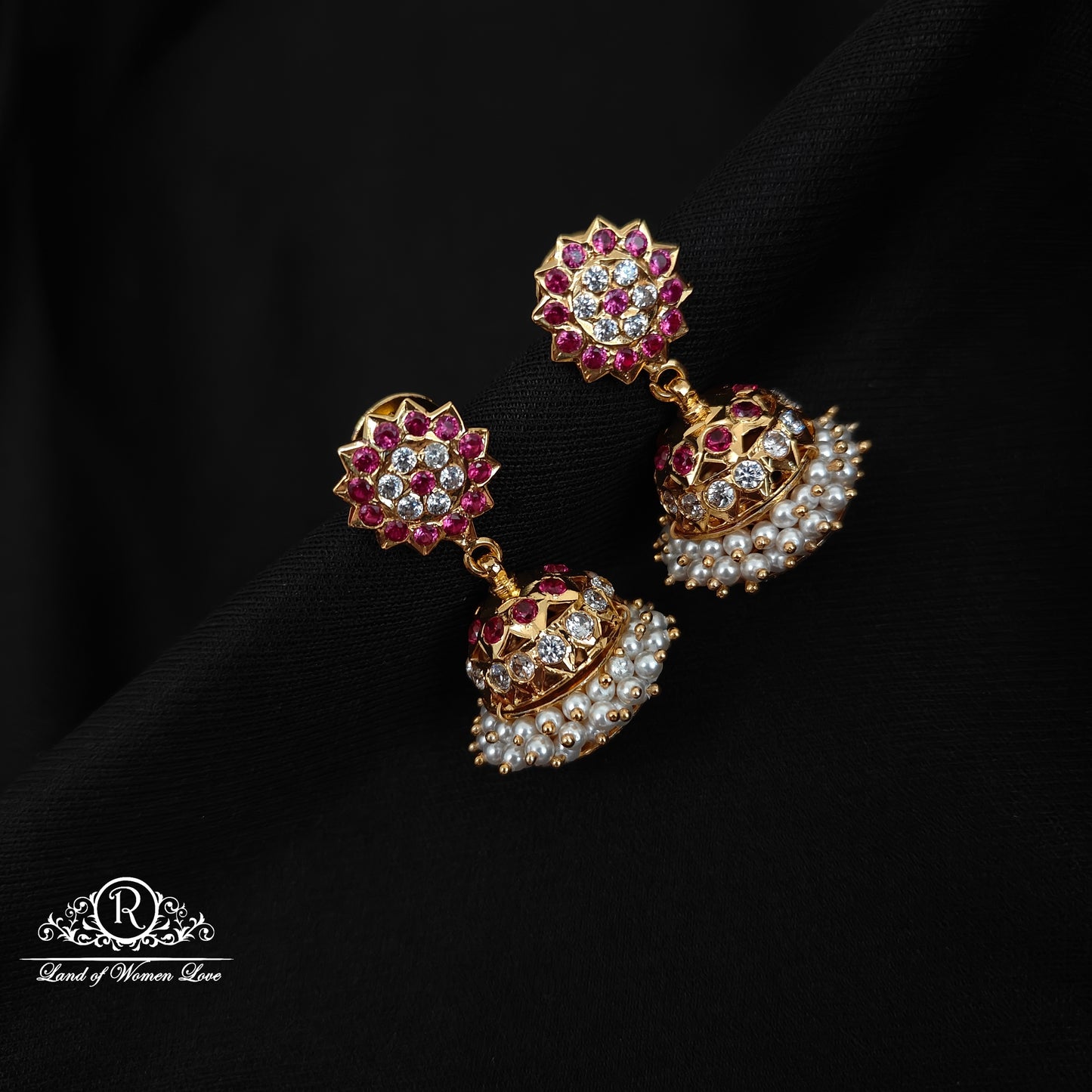 Silver White & Kempu Stones Pearls Design jhumkas-RCK190