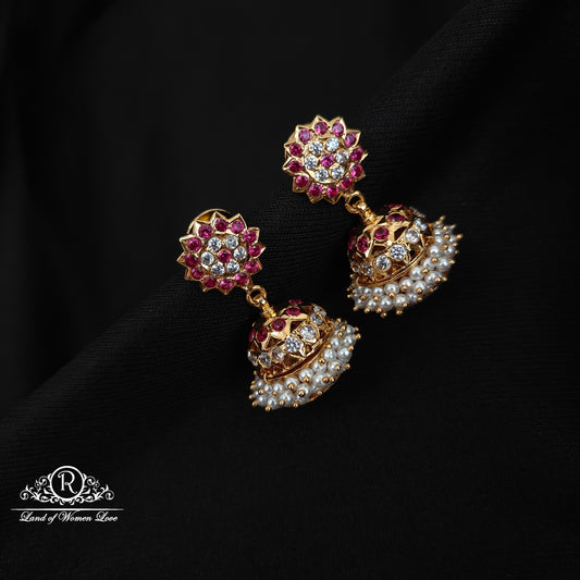 Silver White & Kempu Stones Pearls Design jhumkas-RCK190