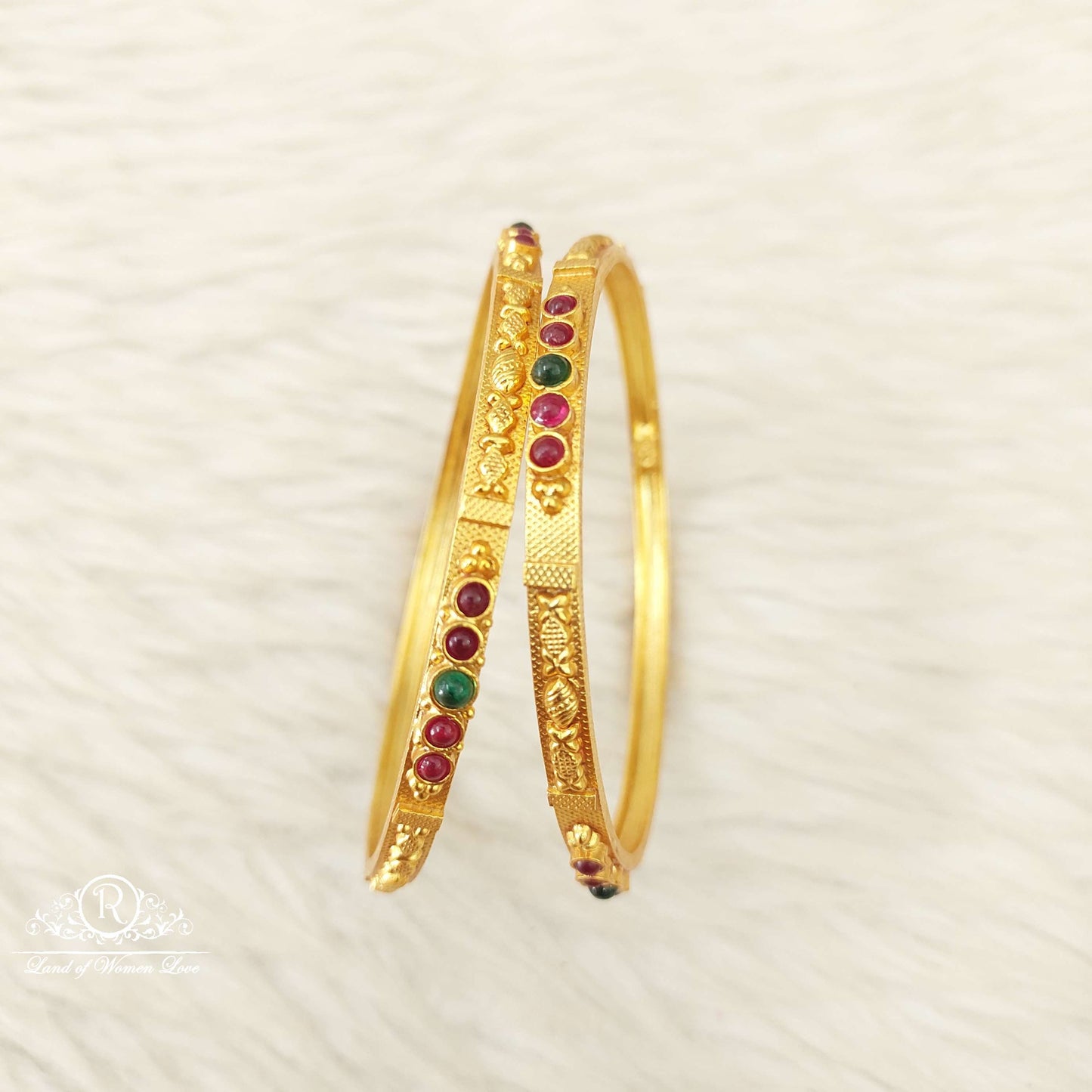 Silver Kempu With Green Stones Bangles-JR80