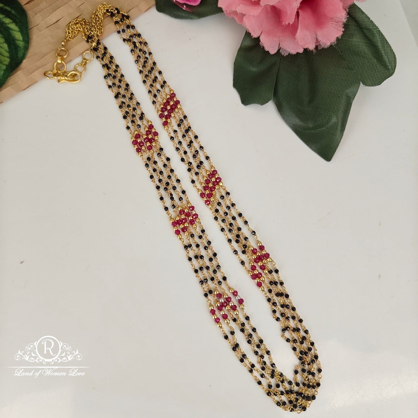 92.5-SILVER RUBY BLACK BEADS CHAIN-RCNJ048