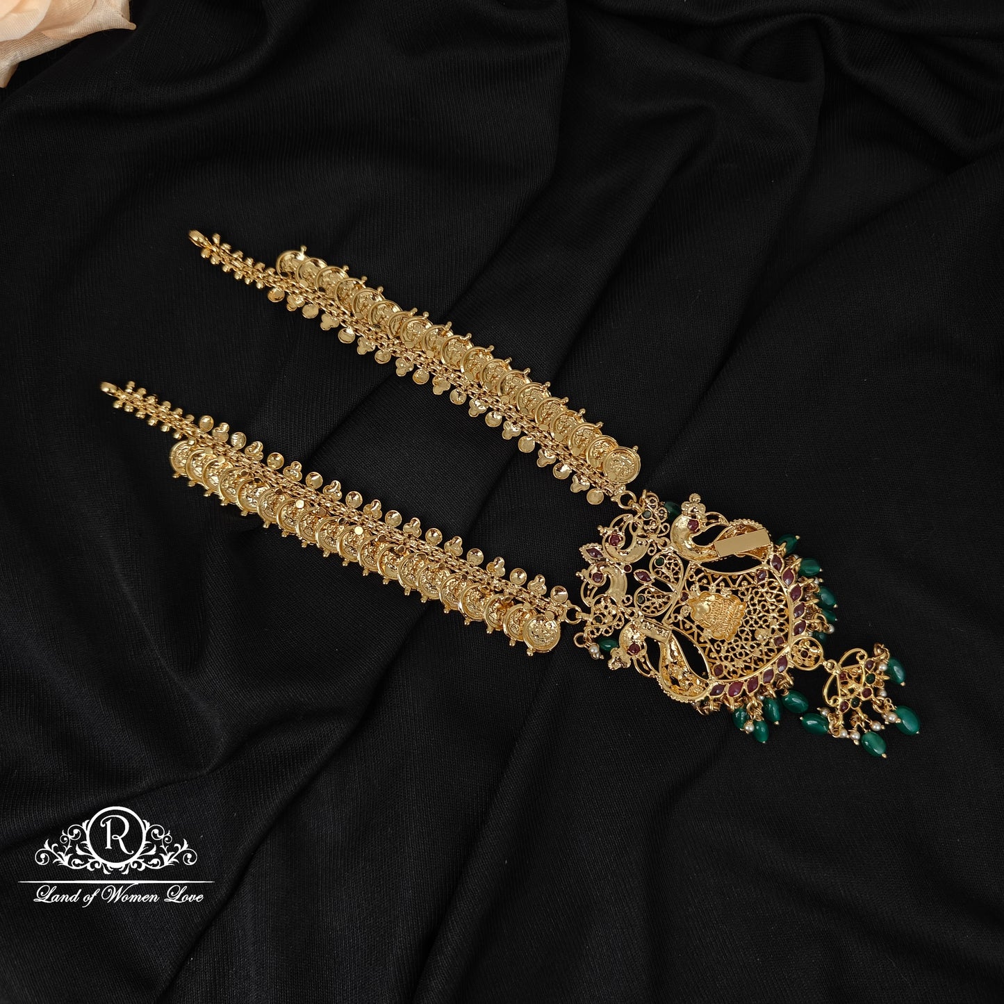 92.5 silver peacock design with Lakshmi Devi kasulu necklace-RCMB040