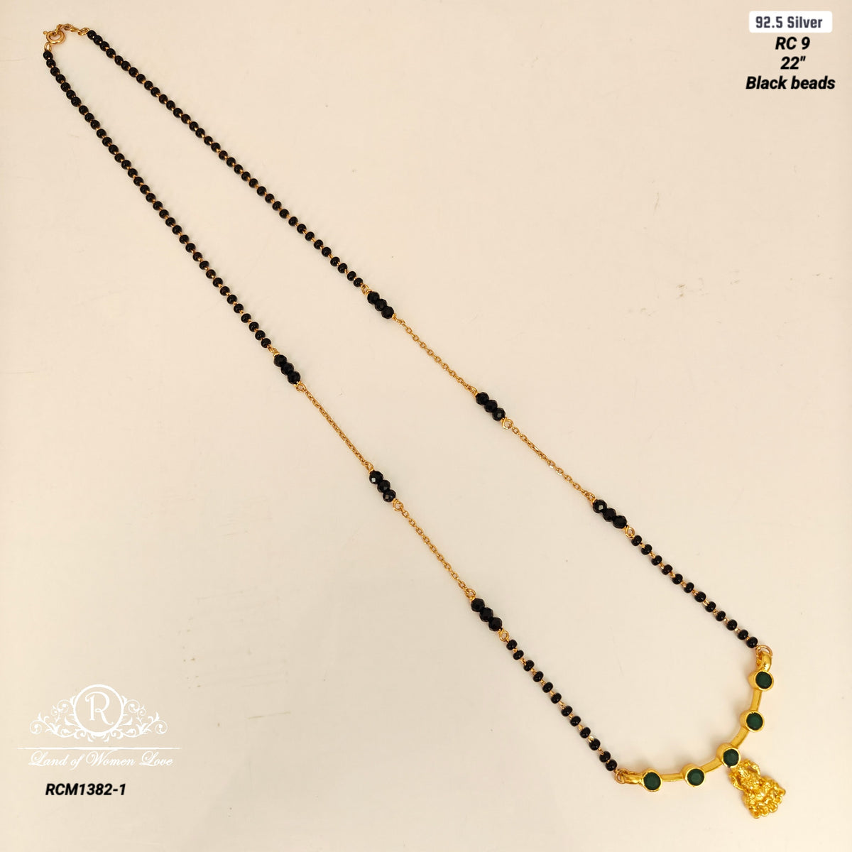 92.5 silver black beads with Lakshmi Devi design mala locket-RCM1382-1