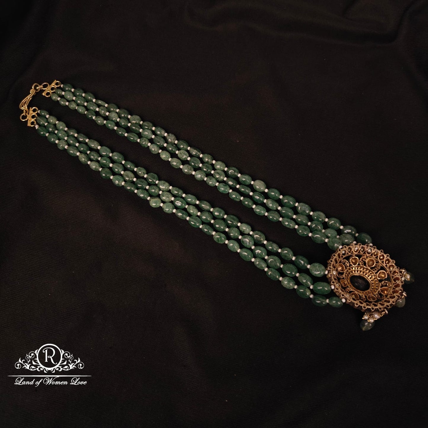 92.5 silver victorian pendent with green beads mala-RCH1036