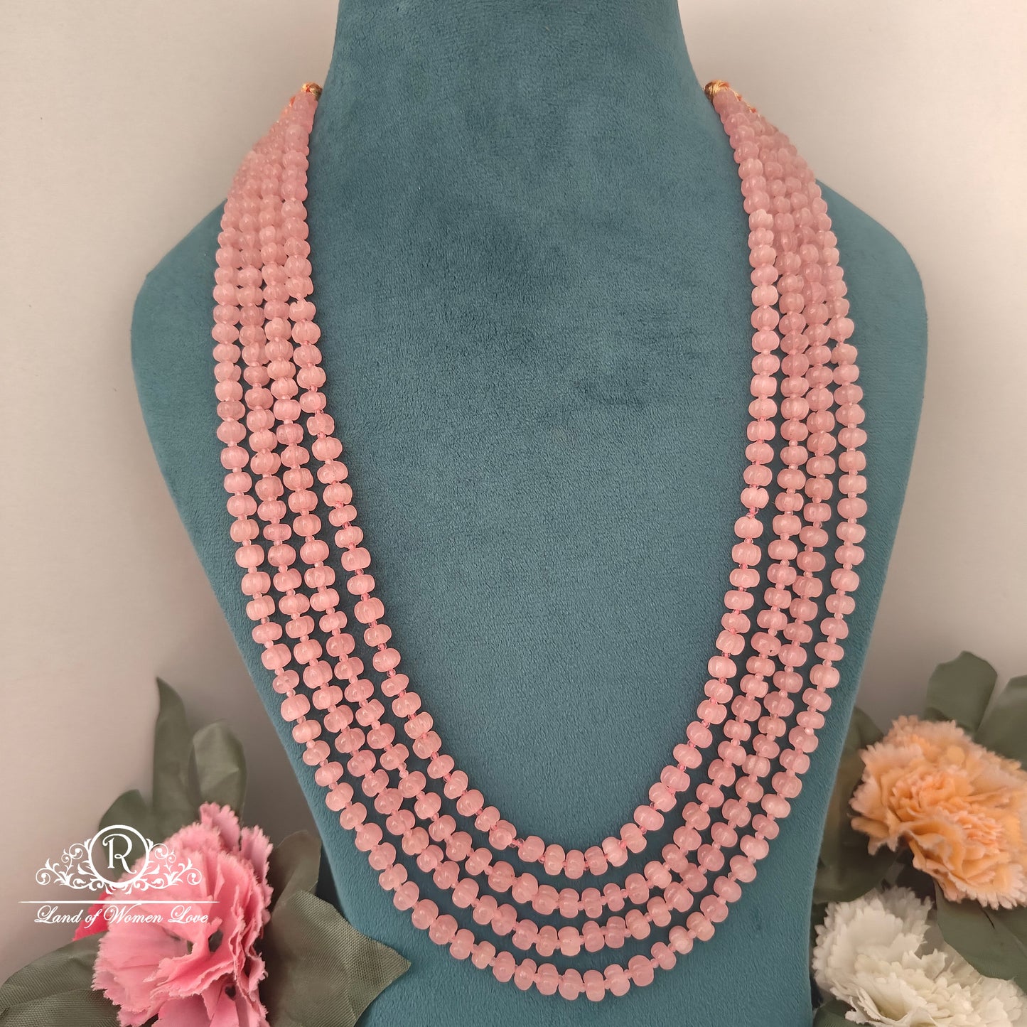 GEM STONE 4 LINES PINK PUMPKIN BEADS MALA-RCH1057