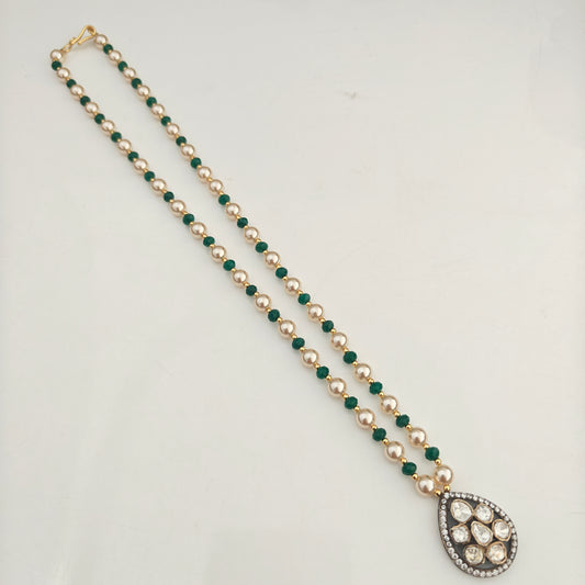 92.5 Silver with gold polish mossanite locket with pearls and emerald beads mala -RCH1368