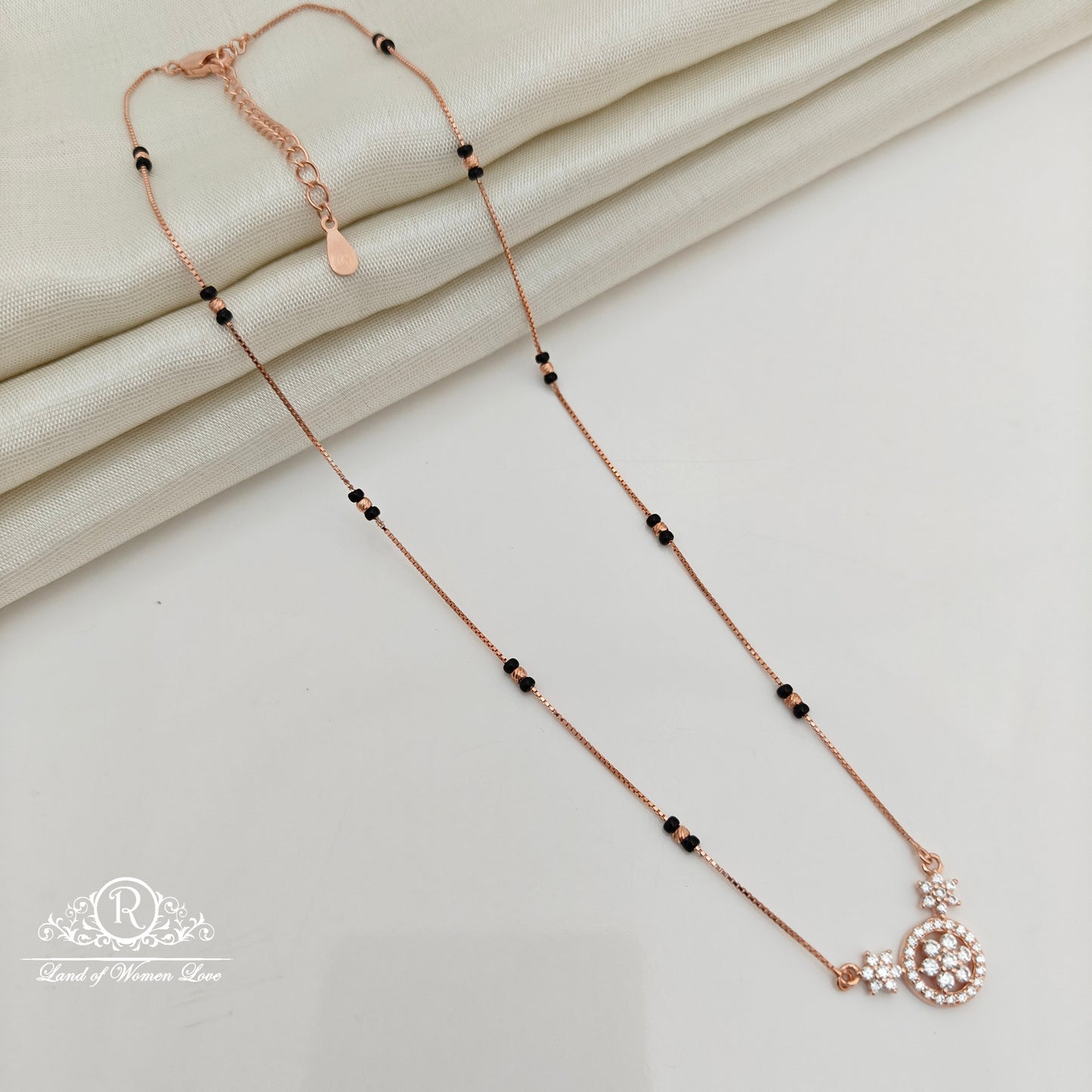 92.5 Silver Rose Gold Polish Black Beads Chain-RCSS005