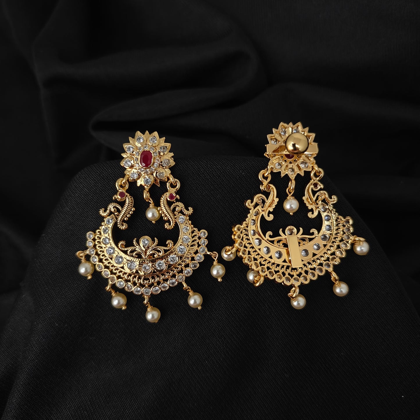 92.5 silver chandbali earrings with pearls hangings-RCMB052