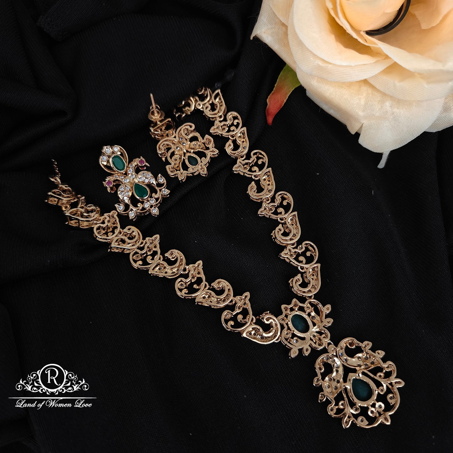 92.5 silver rose gold polish peacock design necklace with earrings set -RCP239
