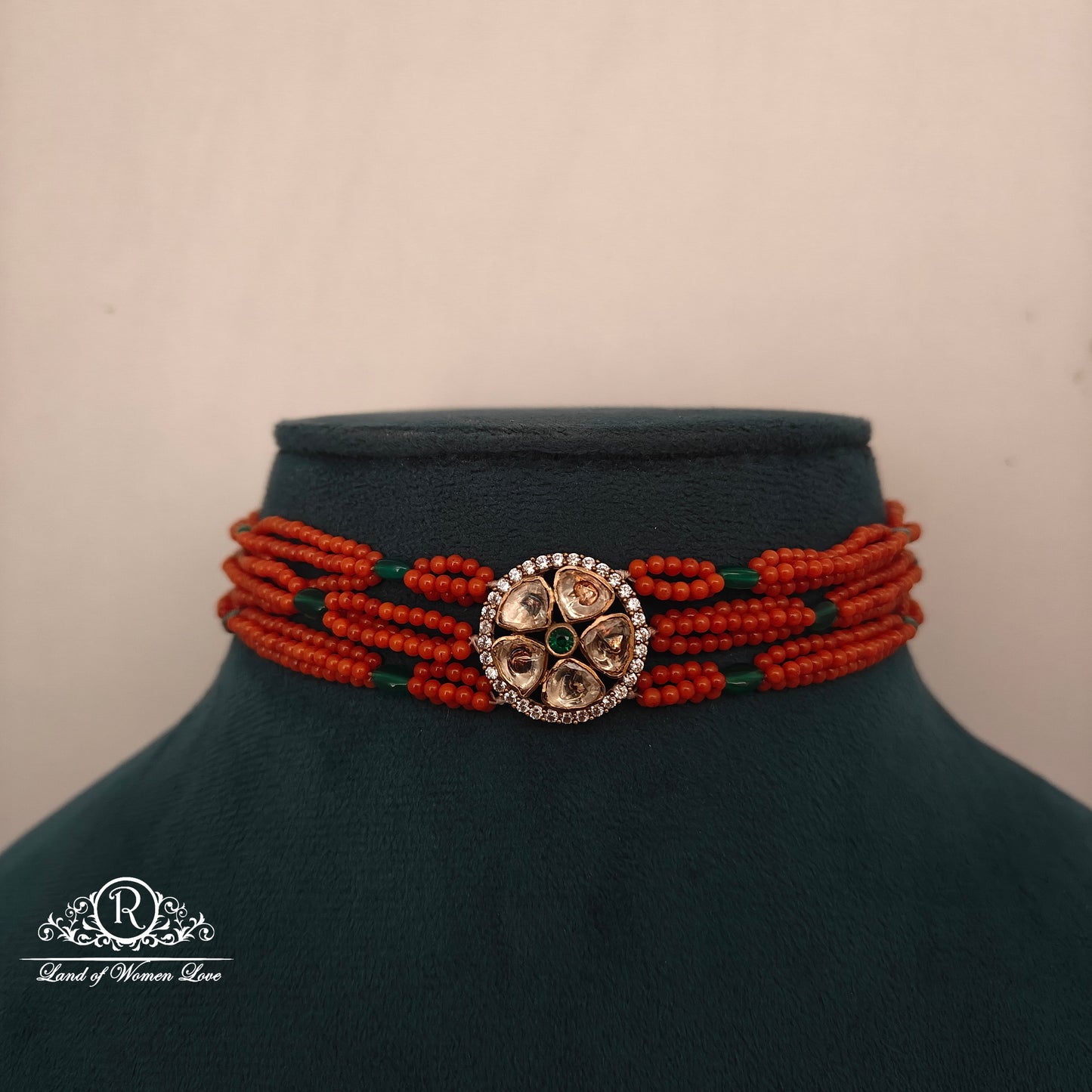 92.5 silver coral beads chocker with mossinate locket -RCH1235