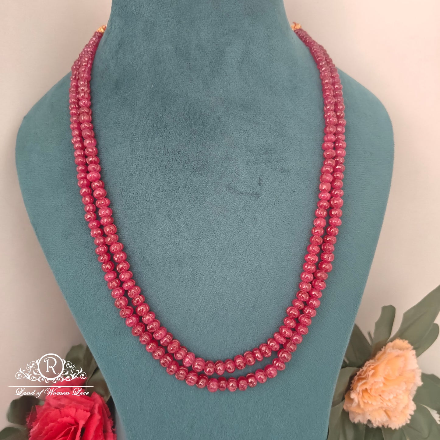 GEM STONE 3 LINES RUBY PUMPKIN BEADS MALA-RCH1054
